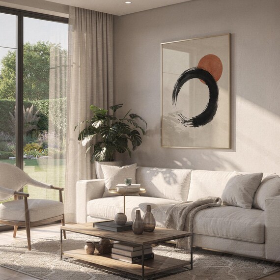 Minimalist Wabi Sabi Enso circle print hanging on wall in modern beige living room