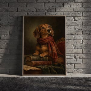 Dachshund wall art print hanging above a light gray sofa in a modern living room with evening city views through tall windows.
