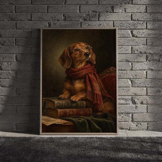 Dachshund wall art print hanging above a light gray sofa in a modern living room with evening city views through tall windows.