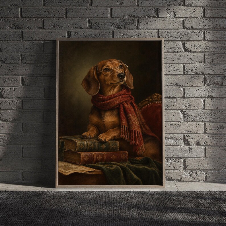 Dachshund wall art print hanging above a light gray sofa in a modern living room with evening city views through tall windows.