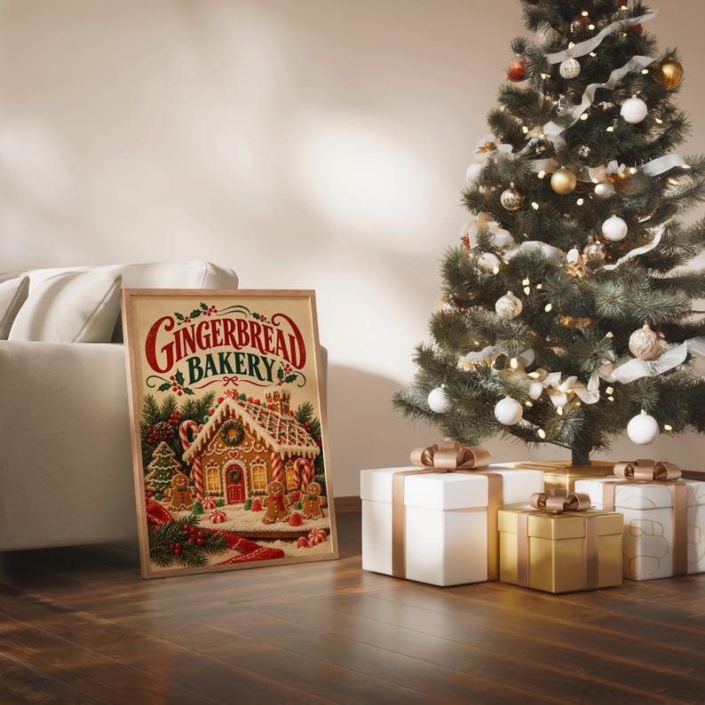 Gingerbread bakery christmas wall art print in a silver frame leaning against a sofa beside a decorative marble sphere.
