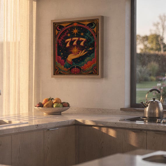 777 angel number wall art print hanging above a stone countertop with a fruit bowl in a sunny kitchen.