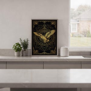 Celestial owl wall art print hanging in a high-rise apartment living room with a city skyline view.