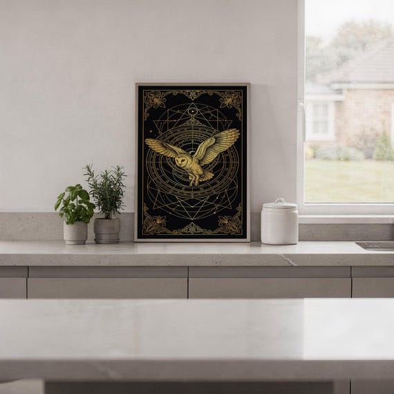 Celestial owl wall art print hanging in a high-rise apartment living room with a city skyline view.