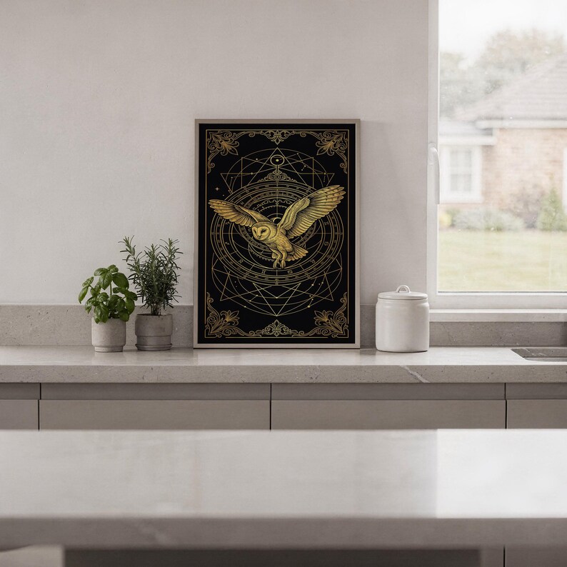 Celestial owl wall art print hanging in a high-rise apartment living room with a city skyline view.