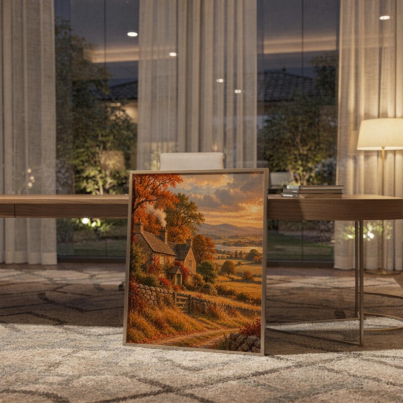Autumn cottage landscape wall art print standing on a wooden desk in a home office in warm evening light.