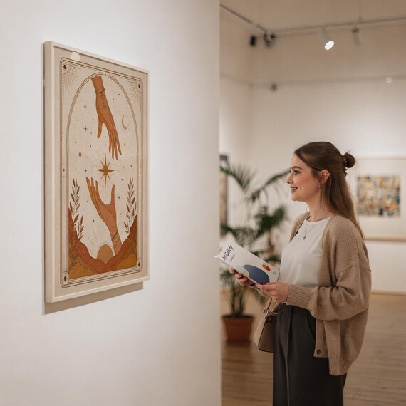 Terracotta spiritual hands art print framed on gallery wall viewed by woman in art exhibition space.