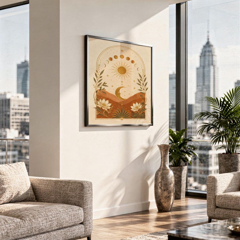 Celestial sun and moon wall art print hanging in a high-rise apartment living room with a city skyline view.