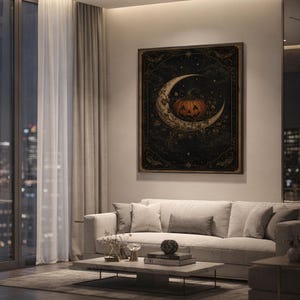 Vintage halloween moon wall art print hanging above a light gray sofa in a modern living room with evening city views through tall windows.