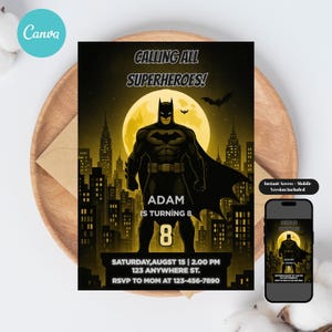 Bat Birthday Invitation - Editable Superhero Party Invite - Canva Template - Instant Download