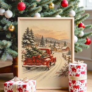 Vintage Red Truck Christmas Wall Art, Snowy Farmhouse Winter Poster, Holiday Tree Art Print zdjęcie 1
