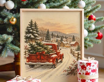 Vintage Red Truck Christmas Wall Art, Snowy Farmhouse Winter Poster, Holiday Tree Art Print