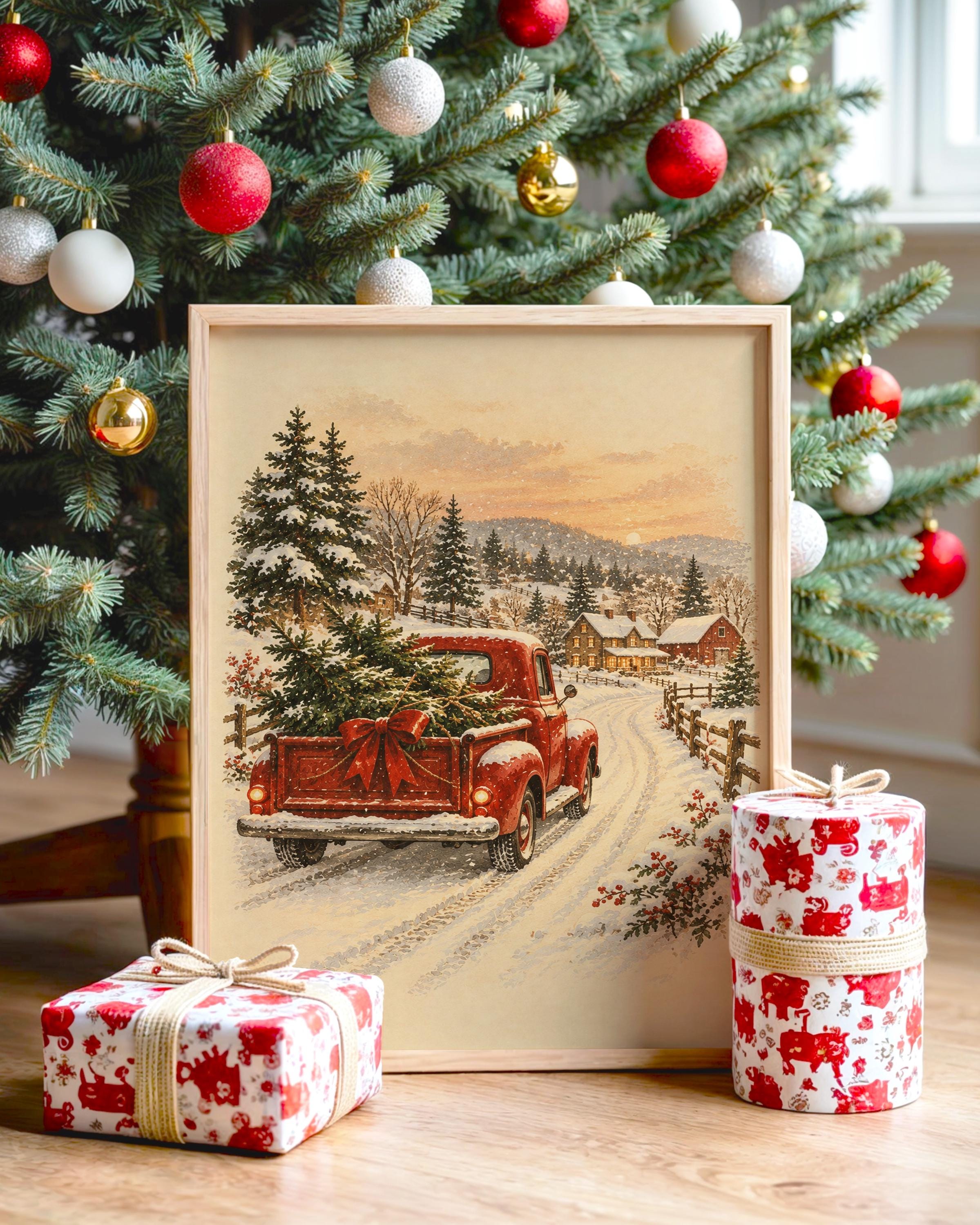 Vintage Red Truck Christmas Wall Art, Snowy Farmhouse Winter Poster, Holiday Tree Art Print