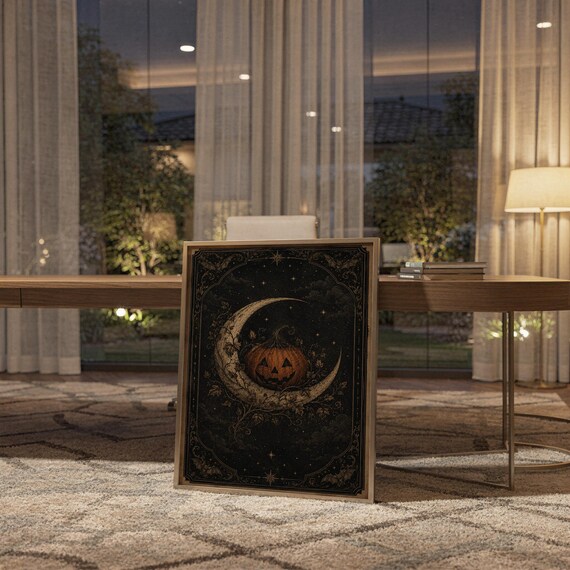 Vintage halloween moon wall art print standing on a wooden desk in a home office in warm evening light.