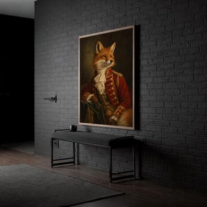 Fox portrait wall art print hanging in a high-rise apartment living room with a city skyline view.