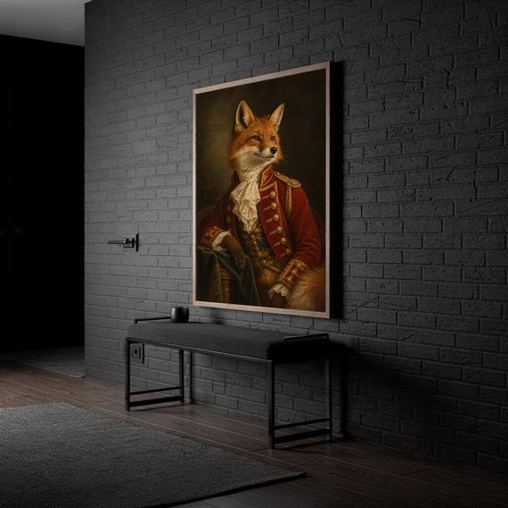 Fox portrait wall art print hanging in a high-rise apartment living room with a city skyline view.