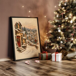 Christmas Village Wall Art, Vintage Winter Town Poster, Snowy Cottage Holiday Art Print, Cozy Rustic Decor image 10