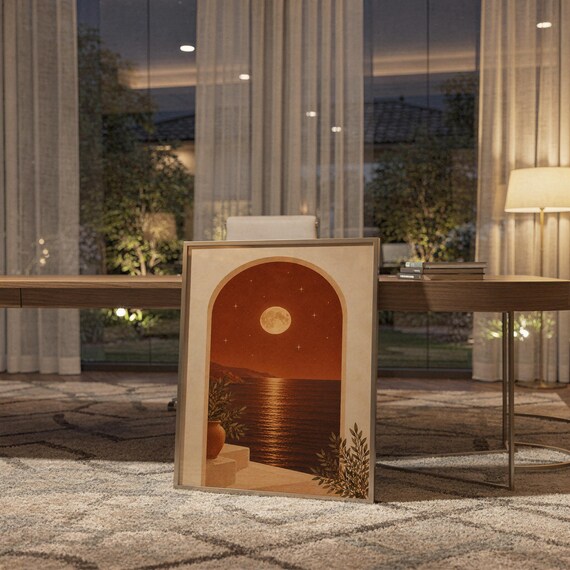 Moonlit Mediterranean arch print standing on a wooden desk in a home office in warm evening light.