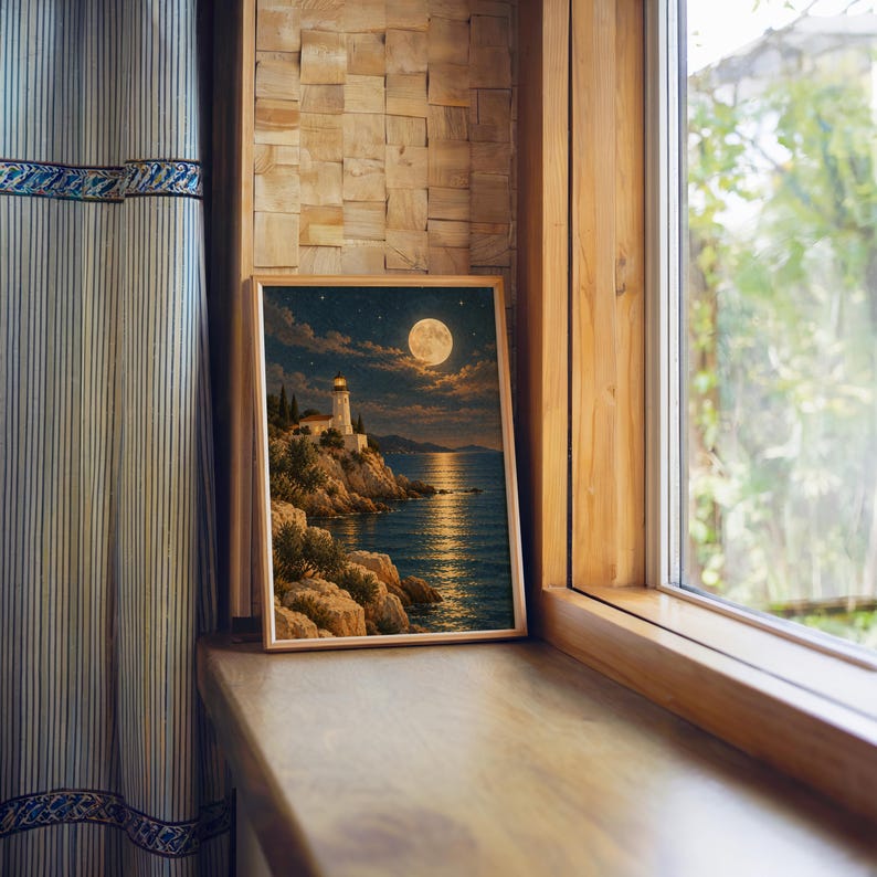 Moonlit lighthouse wall art print standing on a wooden window sill in warm natural light.