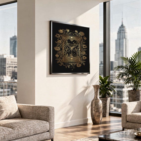 Gothic hourglass wall art print standing on a white kitchen counter beside potted herbs.