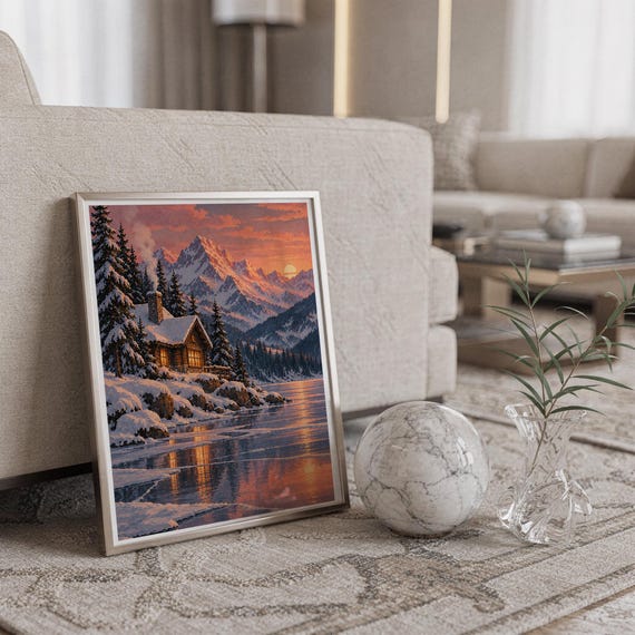 Winter cabin mountain wall art print in a silver frame leaning against a sofa beside a decorative marble sphere.