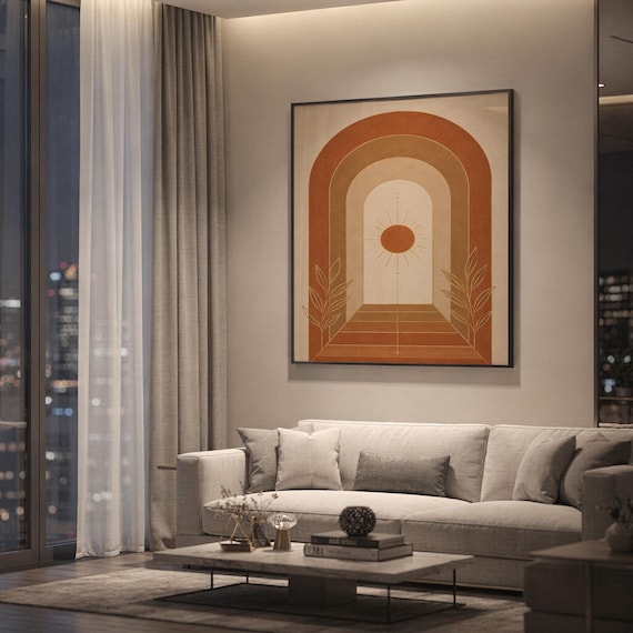 Boho arch sun wall art print hanging above a light gray sofa in a modern living room with evening city views through tall windows.