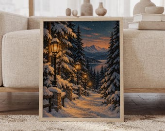 Könnte beinhalten: Ein gerahmter vertikaler Wandkunstdruck, der eine verschneite Winterlandschaft in der Dämmerung zeigt. Die Szene umfasst einen Weg mit leuchtenden Straßenlaternen, schneebedeckten Tannen, einem Steinzaun und fernen Bergen bei Sonnenuntergang.