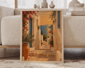 Peut inclure: Une impression d'art mural encadrée représentant une scène côtière méditerranéenne avec des marches en pierre menant vers la mer. L'image présente des pots en terre cuite avec de la verdure, des bougainvilliers roses et une lueur de coucher de soleil.
