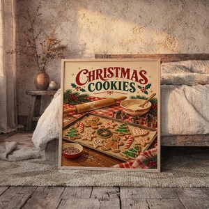 Christmas Cookies Wall Art, Vintage Kitchen Poster, Retro Holiday Baking Art Print, Festive Gingerbread Decor image 4