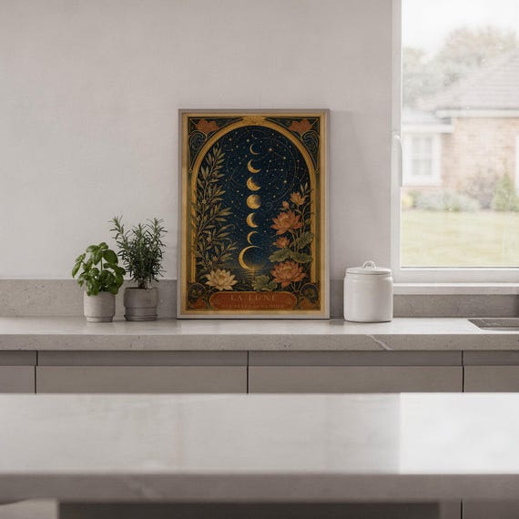 Moon phase wall art print hanging in a high-rise apartment living room with a city skyline view.