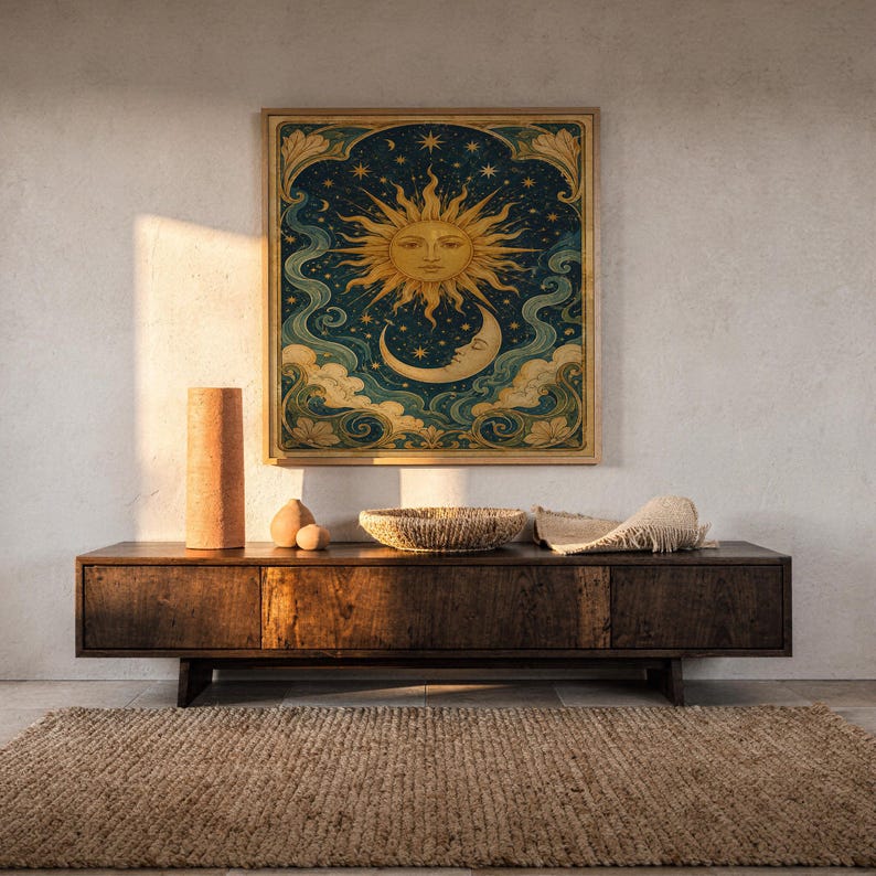 Celestial sun and moon wall art print hanging above a dark wood console and jute rug in a warm neutral interior.