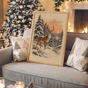 Winter Deer Wall Art, Snowy Forest Sunset Wildlife Art Print, Rustic Cabin Poster Bild 3