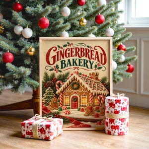 Gingerbread bakery christmas wall art print hanging above a light gray sofa in a modern living room with evening city views through tall windows.