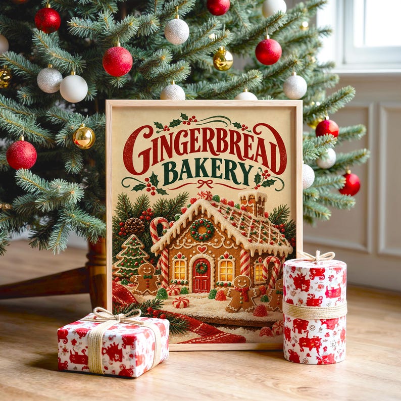 Gingerbread bakery christmas wall art print hanging above a light gray sofa in a modern living room with evening city views through tall windows.
