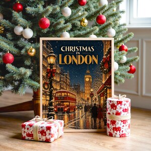 Decorazione murale "Natale a Londra", poster di viaggio vintage, stampa del Big Ben e del bus rosso. immagine 2