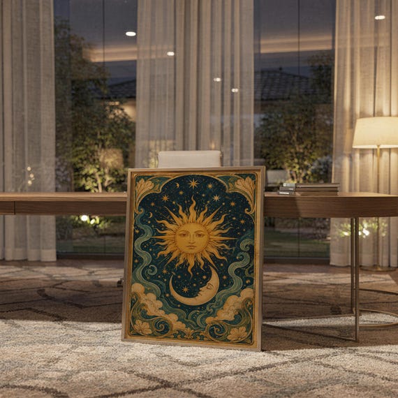 Celestial sun and moon wall art print standing on a wooden desk in a home office in warm evening light.