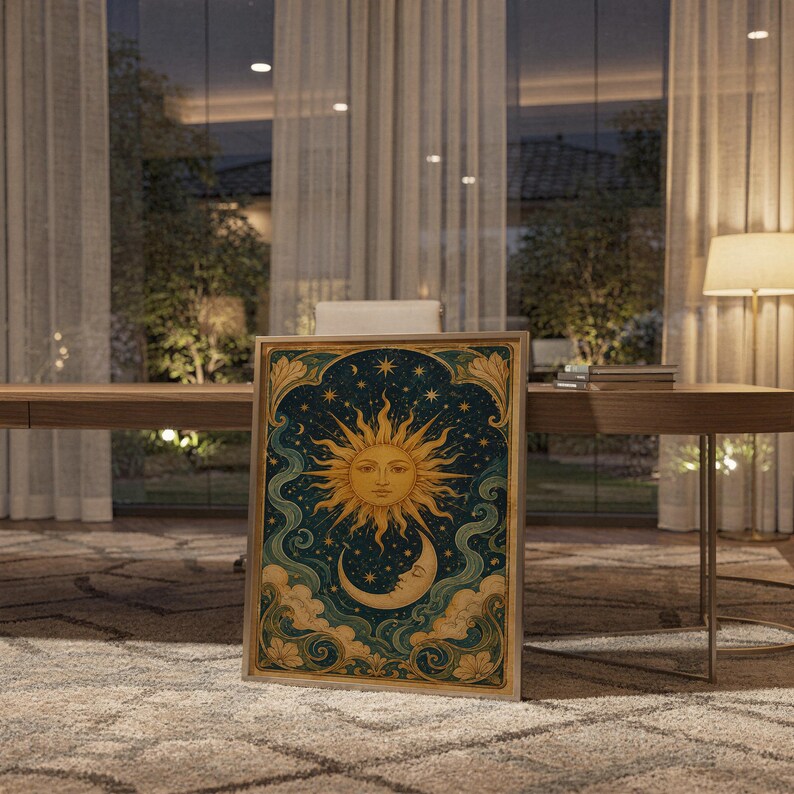 Celestial sun and moon wall art print standing on a wooden desk in a home office in warm evening light.