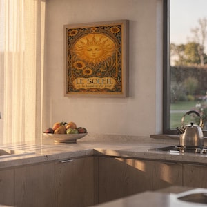 Art nouveau sunflower wall art print leaning against a white sofa in a bright living room with sheer curtains.