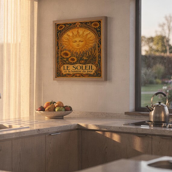 Art nouveau sunflower wall art print leaning against a white sofa in a bright living room with sheer curtains.