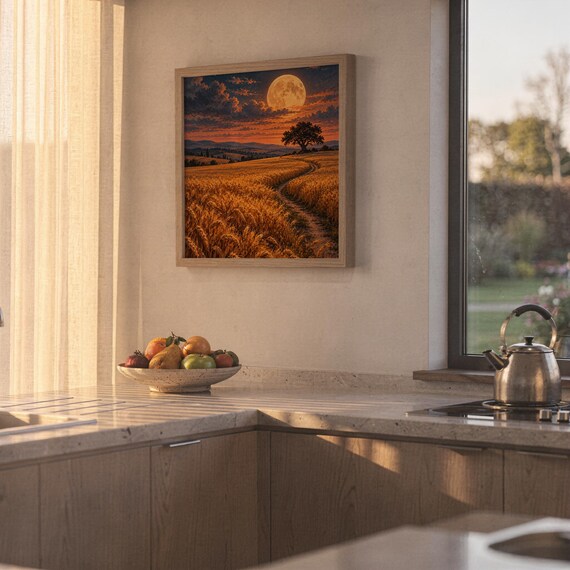 Moon wall art print hanging above a stone countertop with a fruit bowl in a sunny kitchen.