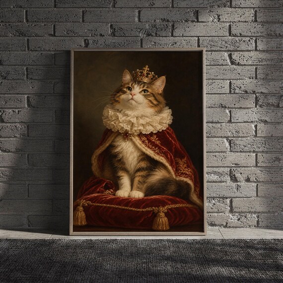 Royal cat portrait wall art print hanging above a light gray sofa in a modern living room with evening city views through tall windows.