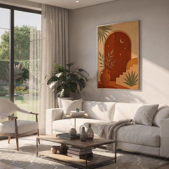 Terracotta moon and stars arch art print hanging above a white sofa in a living room with garden views.