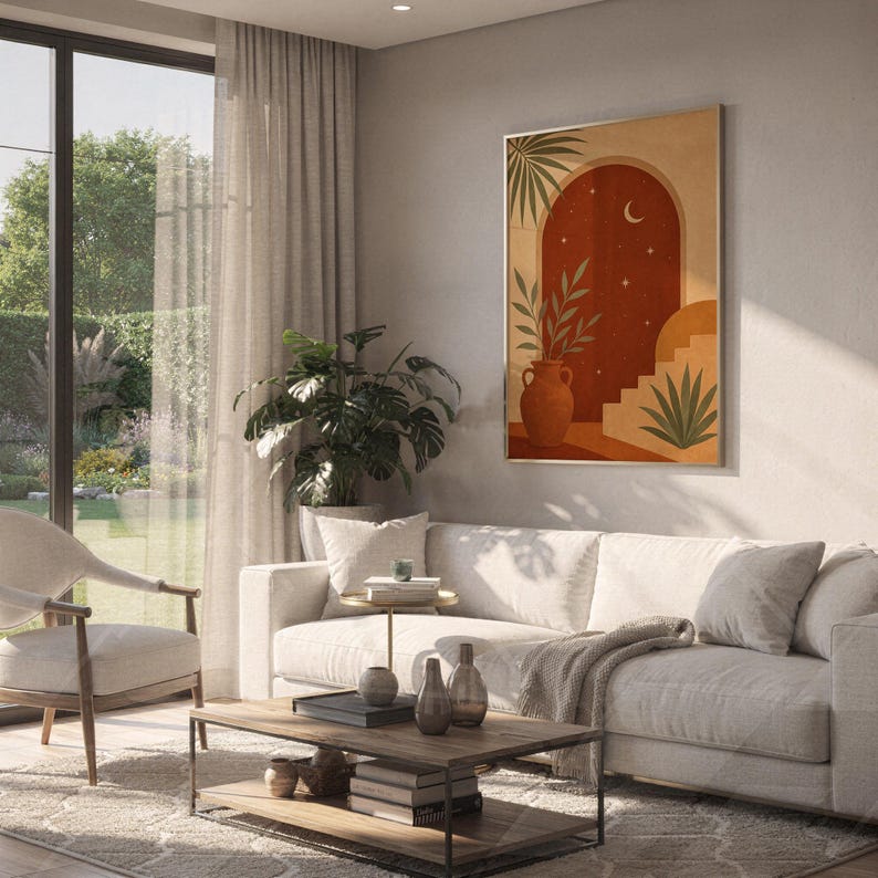 Terracotta moon and stars arch art print hanging above a white sofa in a living room with garden views.