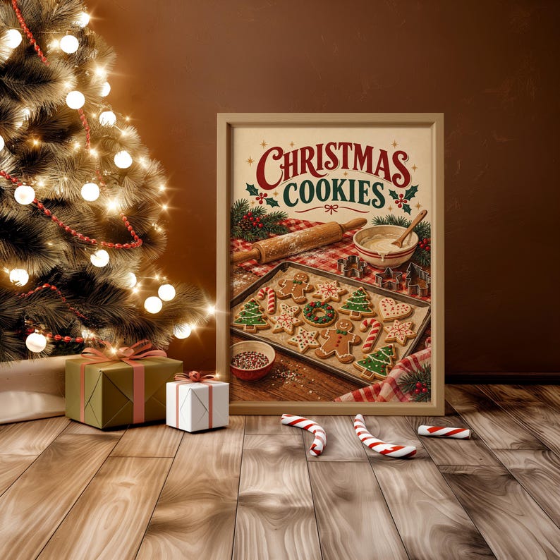 Christmas Cookies Wall Art, Vintage Kitchen Poster, Retro Holiday Baking Art Print, Festive Gingerbread Decor image 12