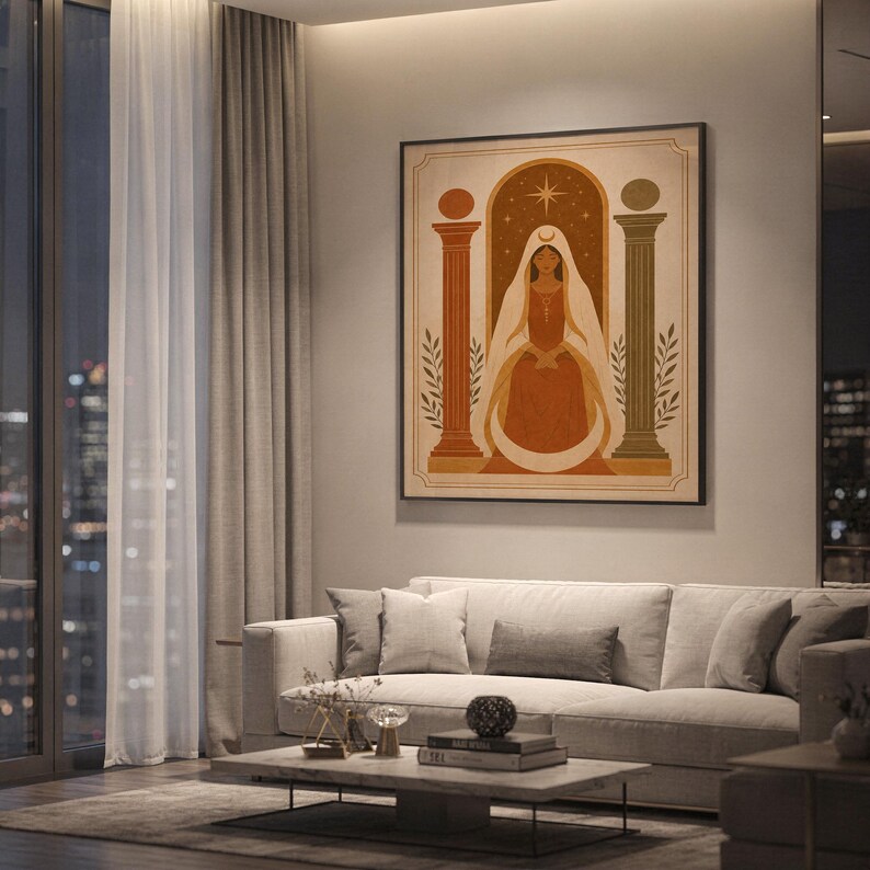 Framed boho architectural arch print hanging above a beige sofa in a high-rise living room with city night skyline views.