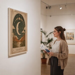 La Lune tarot card poster hanging on gallery wall viewed by woman in art exhibition space.