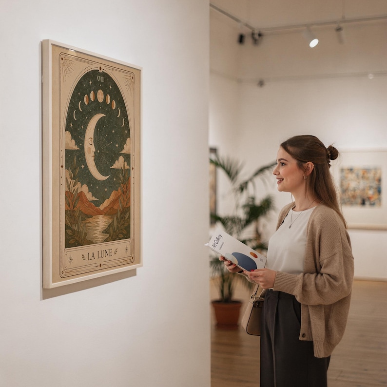La Lune tarot card poster hanging on gallery wall viewed by woman in art exhibition space.