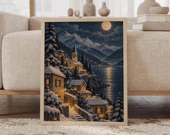Puede incluir: Una impresión de arte mural cuadrada en un marco de madera clara que representa un pueblo de montaña nevado de noche. La escena muestra cabañas de piedra con ventanas iluminadas, pinos cubiertos de nieve, una iglesia y una luna llena.