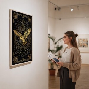 Celestial owl wall art print in a silver frame leaning against a sofa beside a decorative marble sphere.