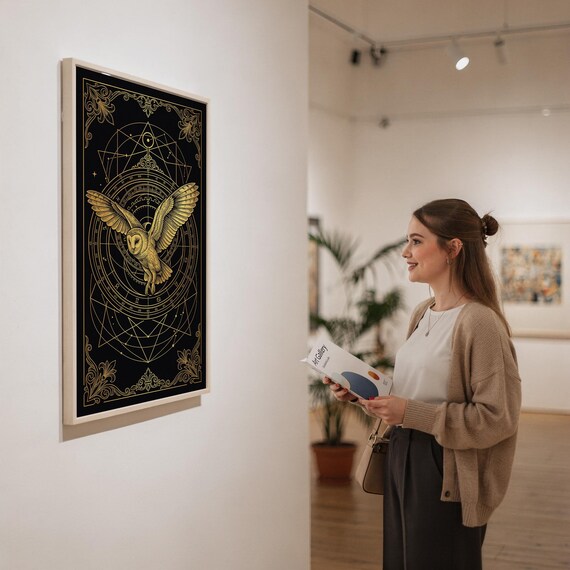 Celestial owl wall art print in a silver frame leaning against a sofa beside a decorative marble sphere.